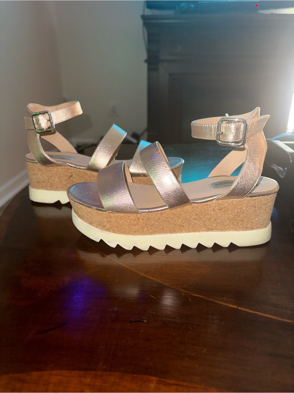 Steve Madden Iridescent Rose Metallic Cork Wedge Sandals
